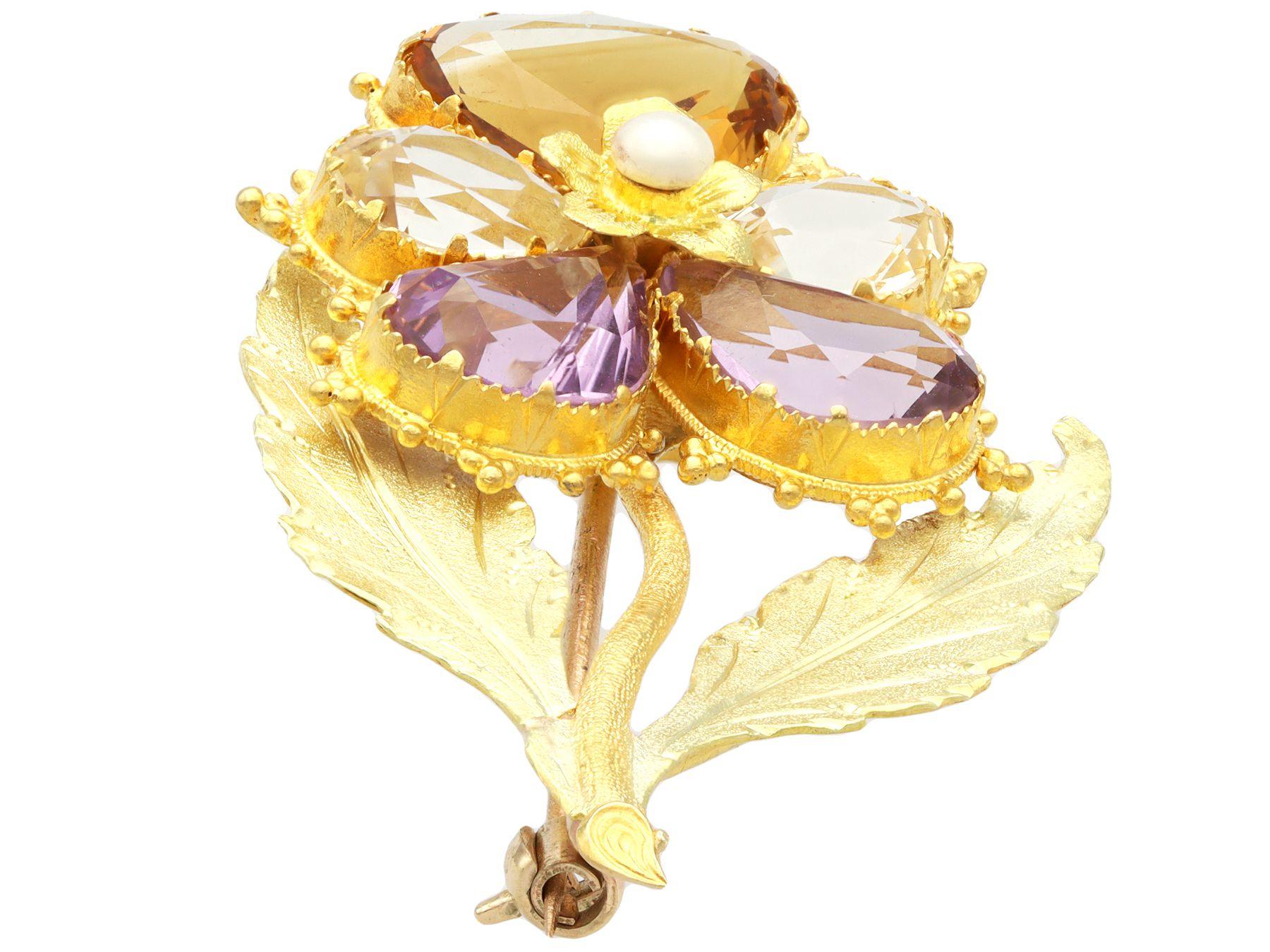 Women's or Men's Antique 1820s Gemstone and Pearl Yellow Gold Pansy Brooch For Sale