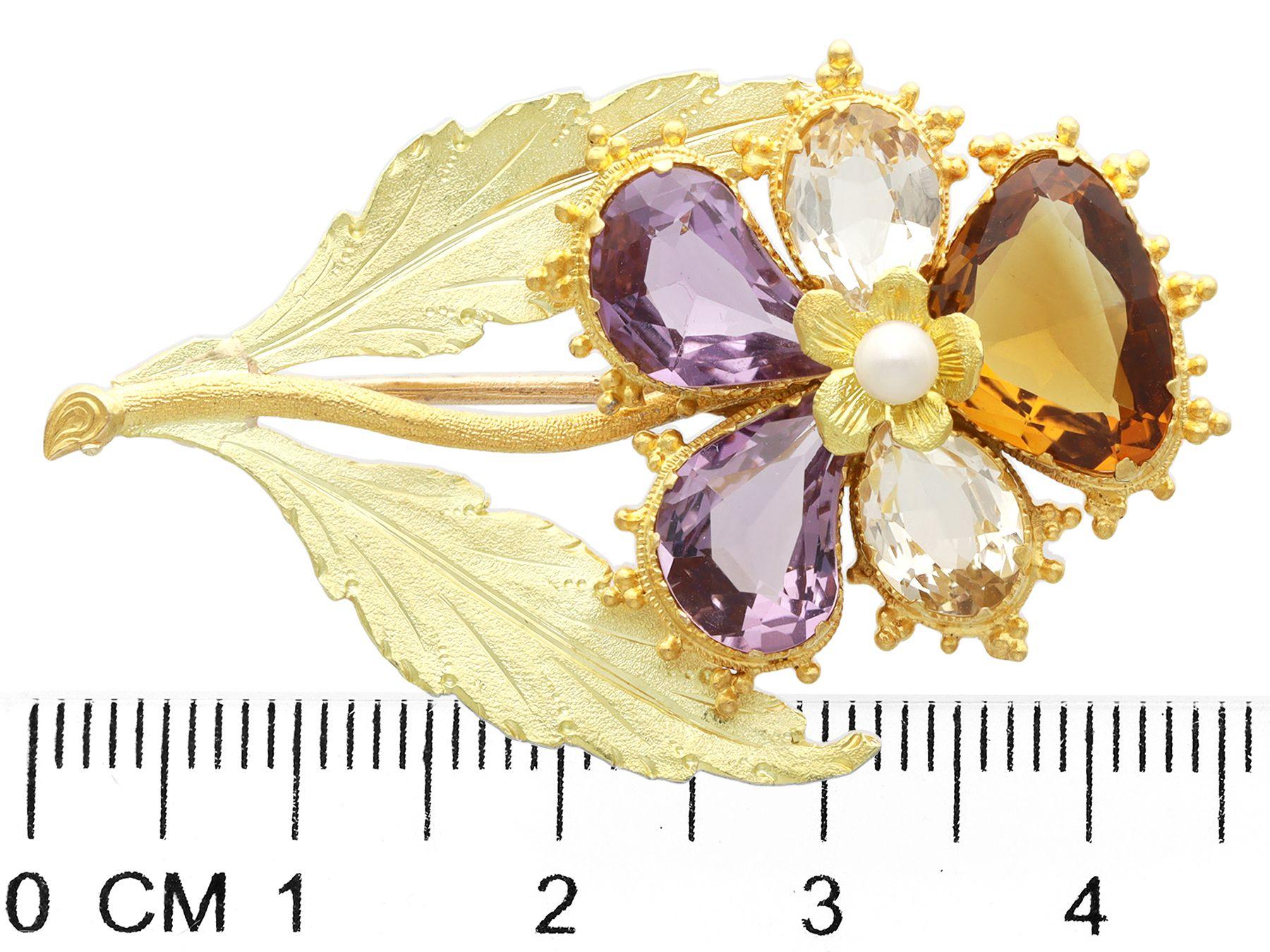Antique 1820s Gemstone and Pearl Yellow Gold Pansy Brooch For Sale 2