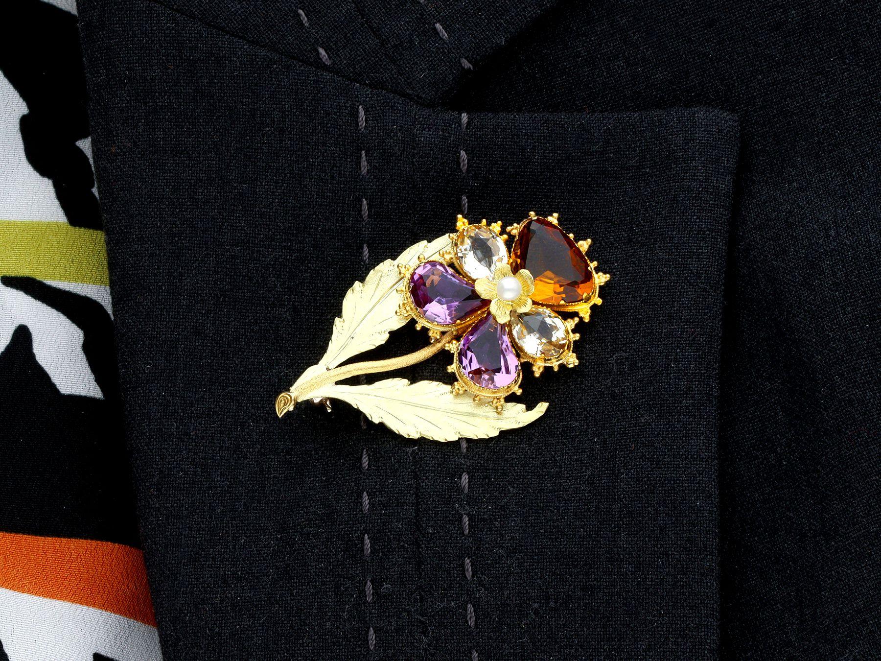 Antique 1820s Gemstone and Pearl Yellow Gold Pansy Brooch For Sale 3