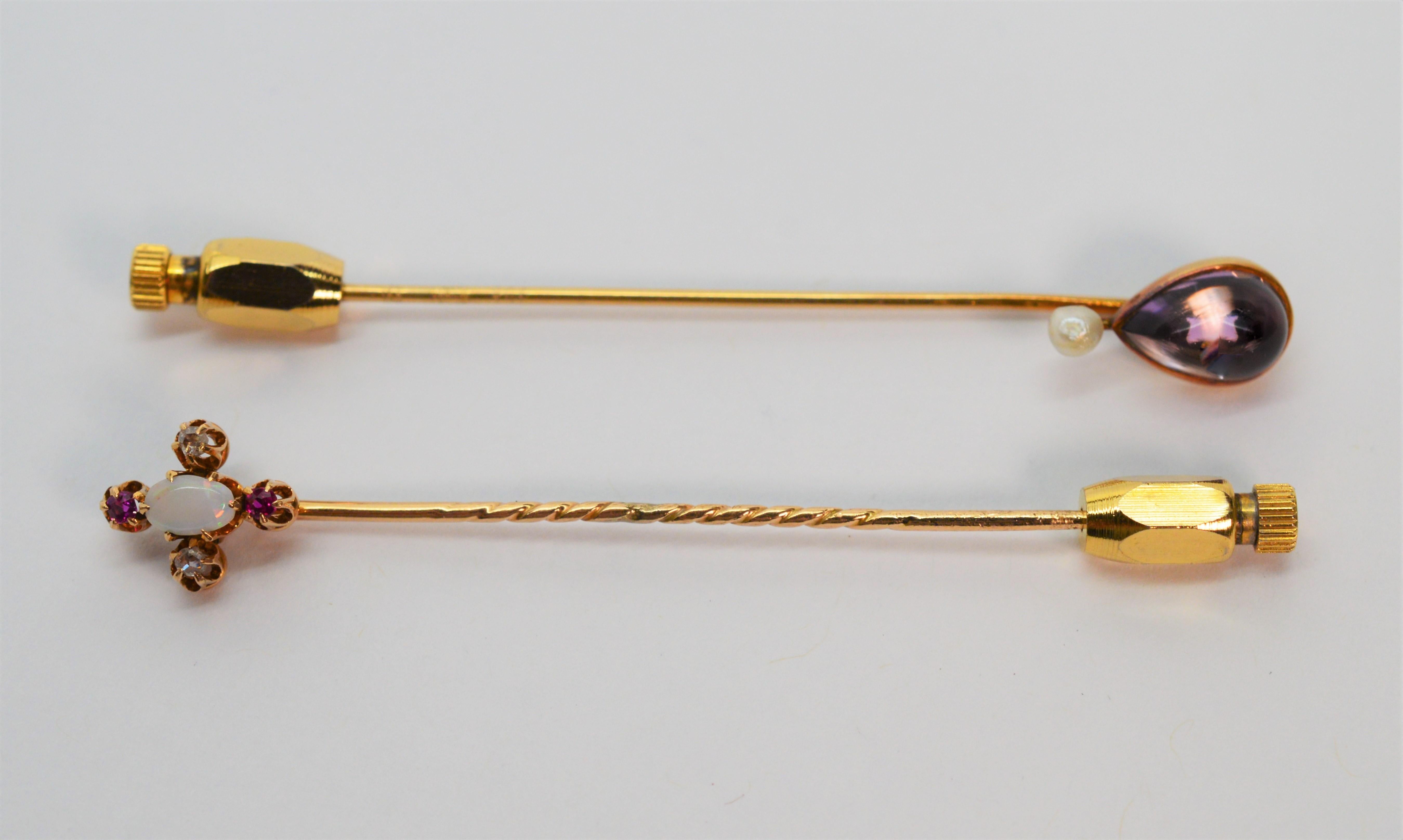 Antique Gemstone Decorative Gold Stick Pin Duo 5