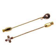 Antique Gemstone Decorative Gold Stick Pin Duo
