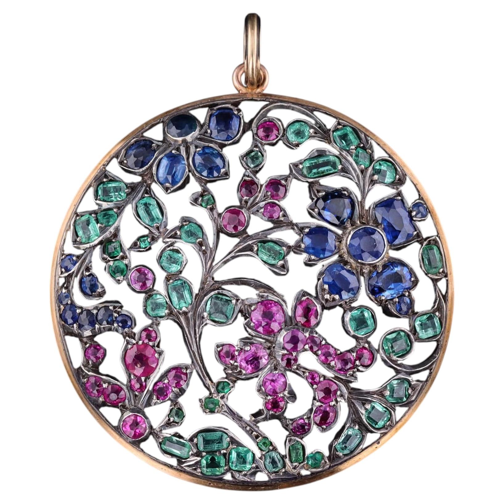 Antique Gemstone Flower Pendant of Silver and 14k Gold