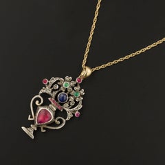Antique Gemstone Giardinetti Flower Basket Conversion Necklace