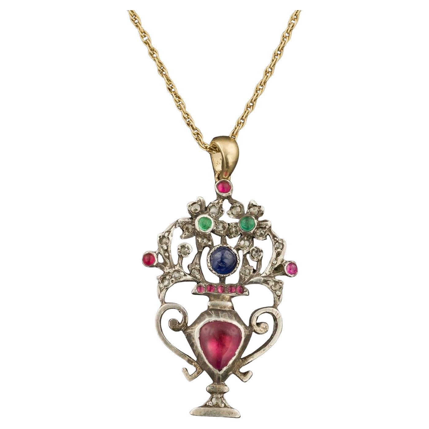 Antique Gemstone Giardinetti Flower Basket Conversion Necklace