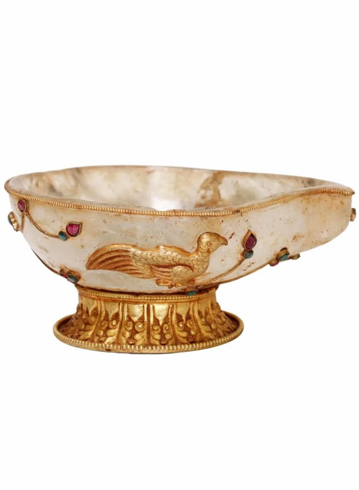 Tibetan Antique Gemstone Gilt Bronze Mounted Rock Crystal Vessel Offering Bowl For Sale