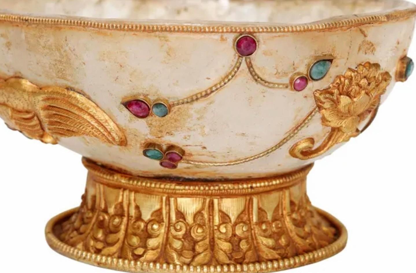 19th Century Antique Gemstone Gilt Bronze Mounted Rock Crystal Vessel Offering Bowl For Sale