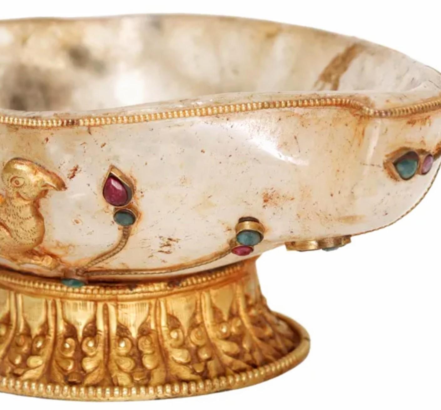 Multi-gemstone Antique Gemstone Gilt Bronze Mounted Rock Crystal Vessel Offering Bowl For Sale