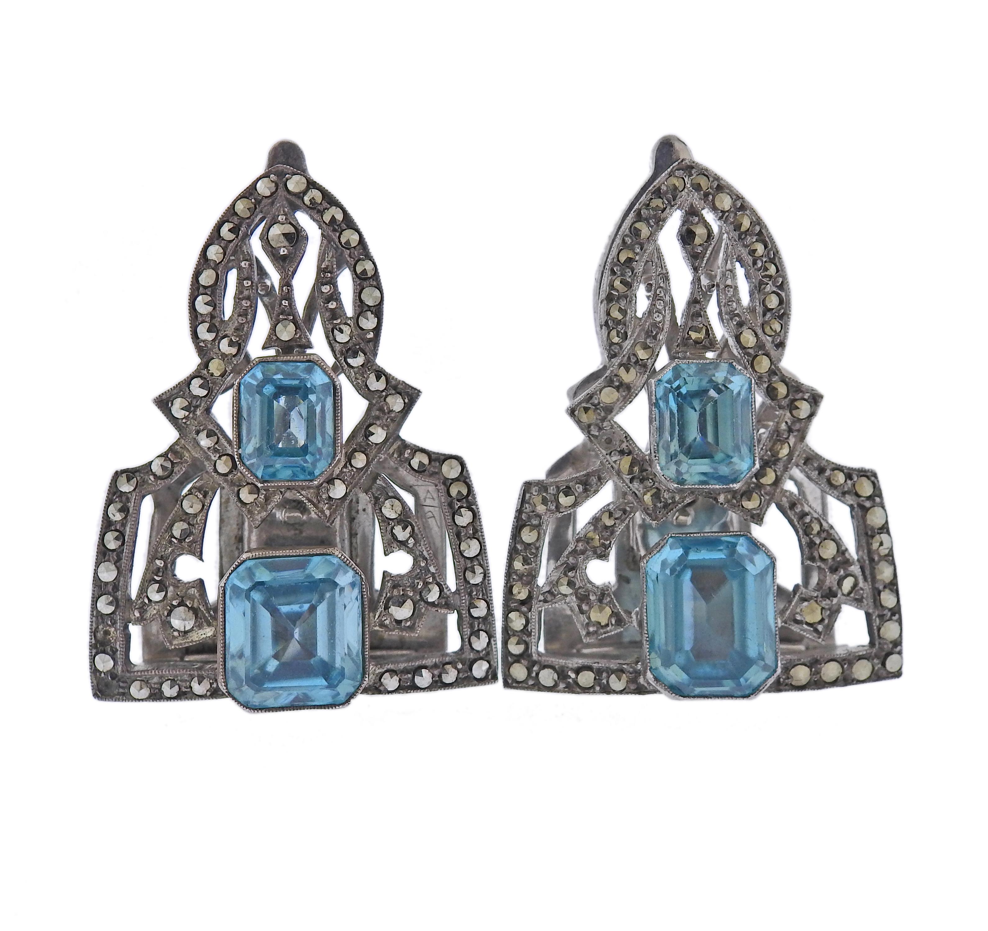 Round Cut Antique Gemstone Marcasite Clip Set