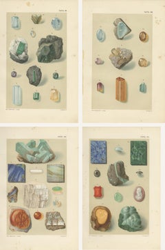 Antike Edelsteindrucke, blaue und grüne Mineralien, Bauer um 1900, 4 Stück