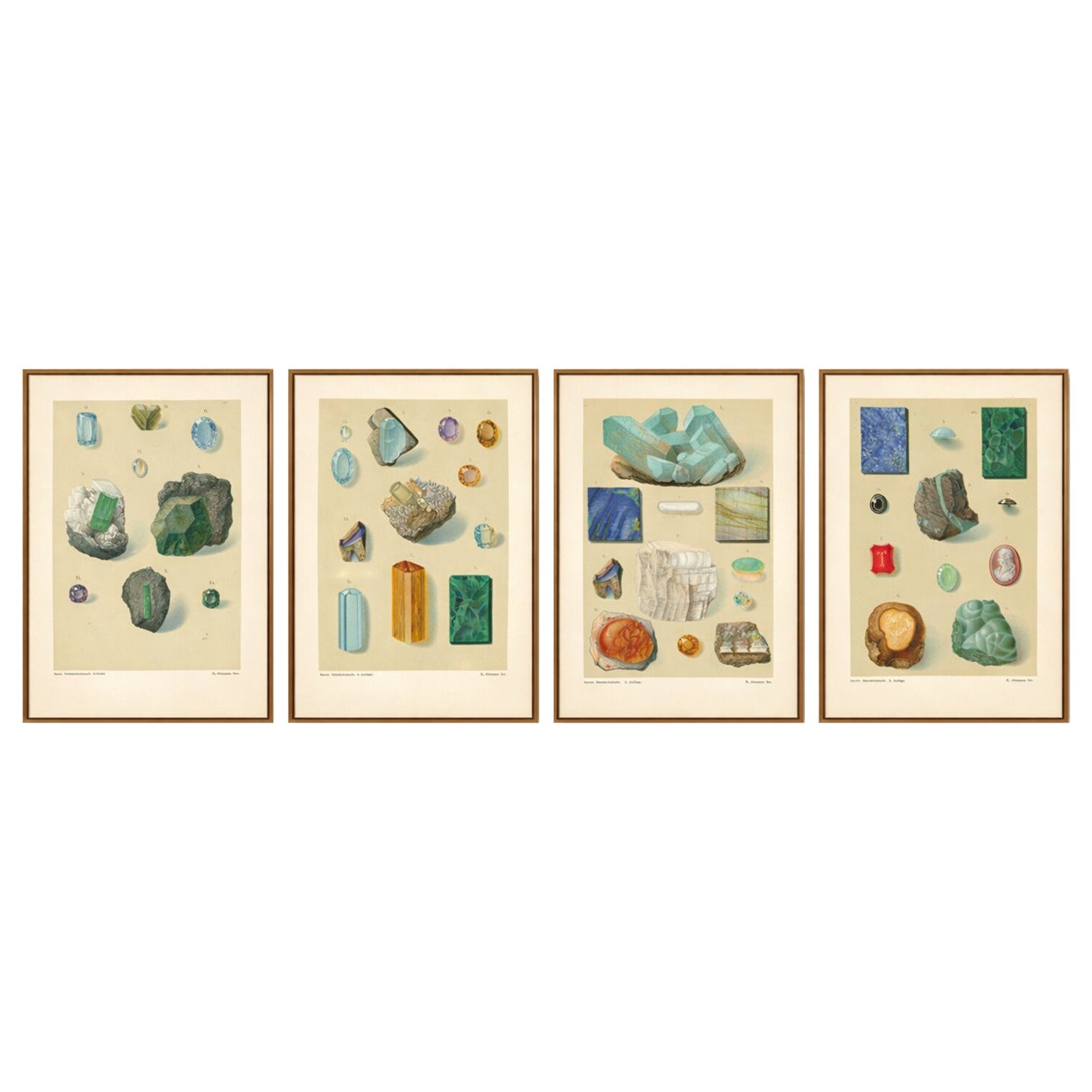 Antike Edelsteindrucke, blaue und grüne Mineralien, Bauer um 1900, 4 Stück im Angebot