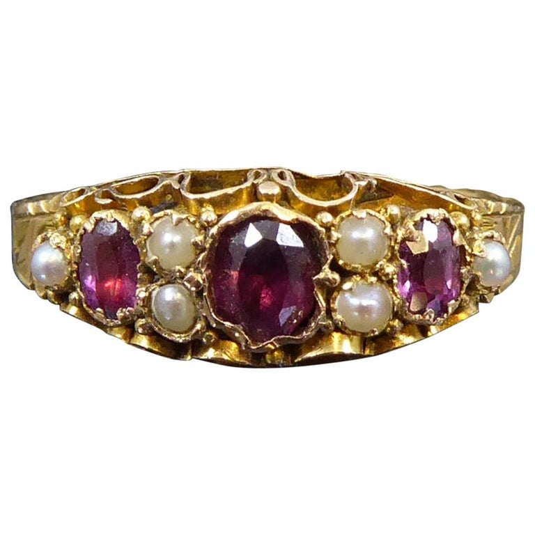 Antique Gemstone Ring Set with Garnet and Pearls in 15 Carat Gold ...