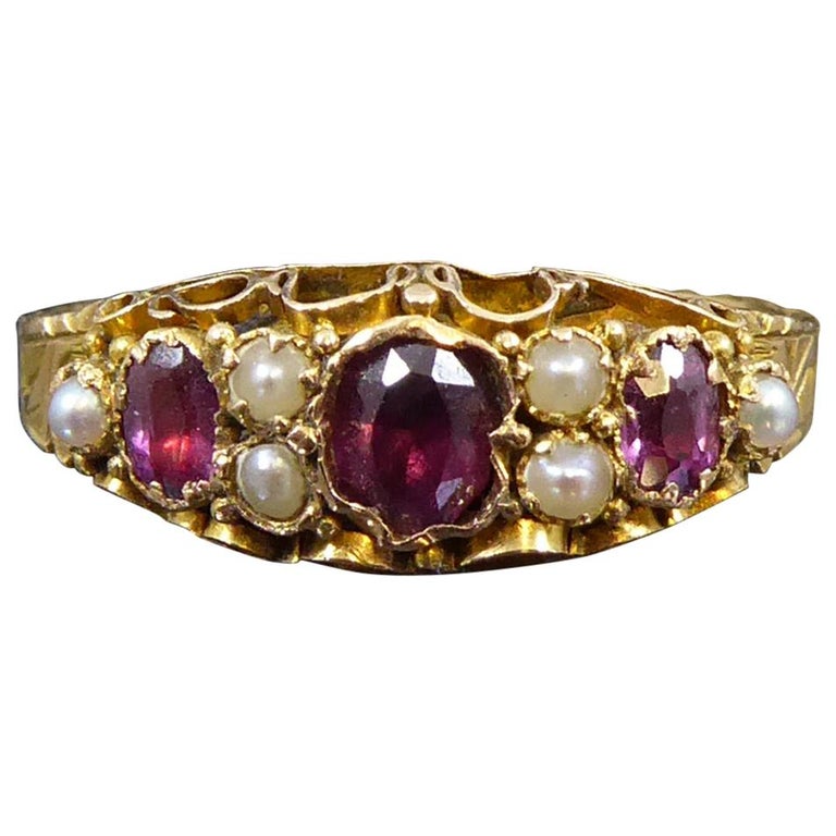Antique Gemstone Ring Set with Garnet and Pearls in 15 Carat Gold, Chester,  1881