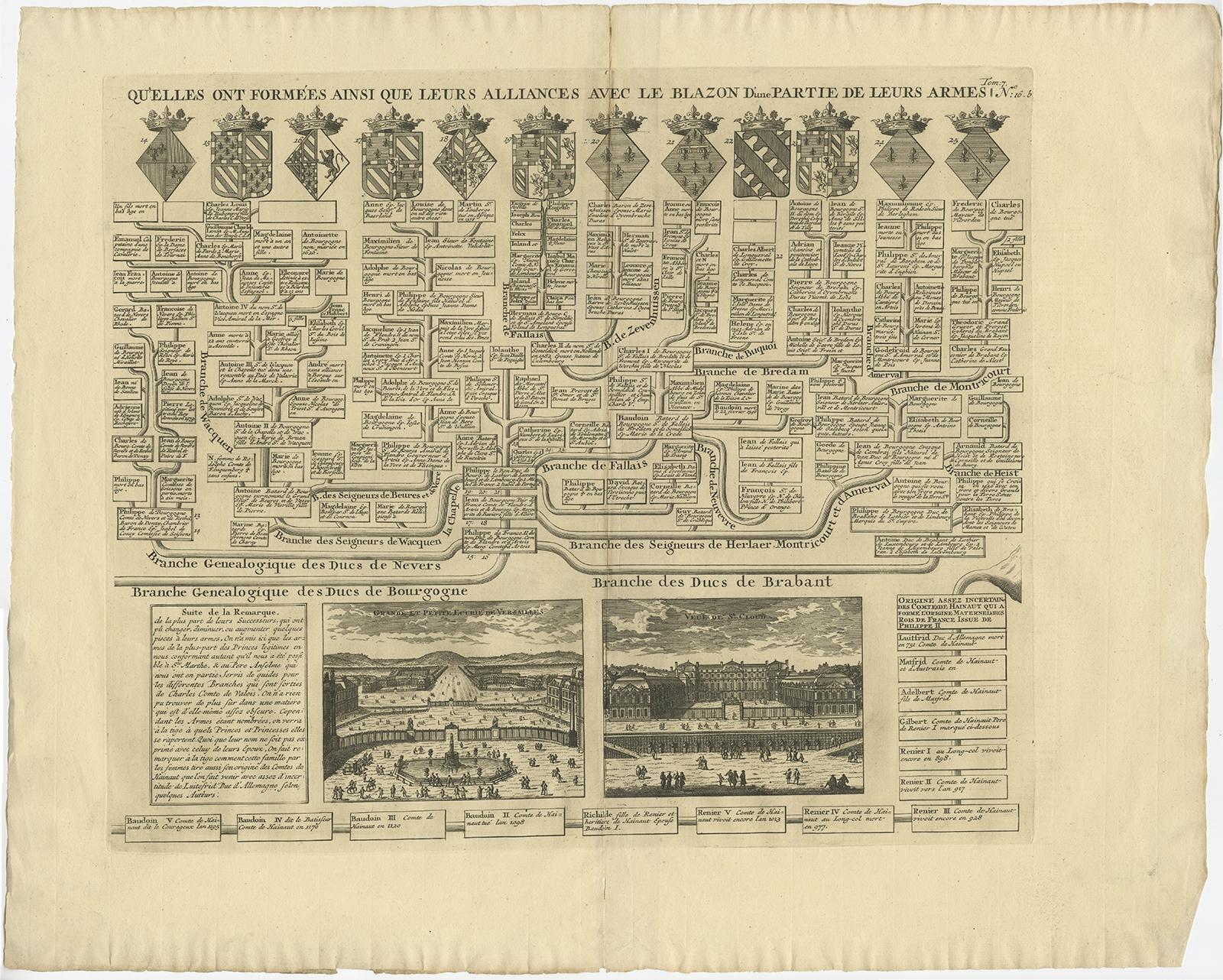 Antique print titled 'Nouvelle Carte Genealogique des Branches du Cote Gauche (..)'. 

Set of two prints with a chart of the left branch of the genealogy of the Valois House, and the various branches formed through alliances, each with its coat of