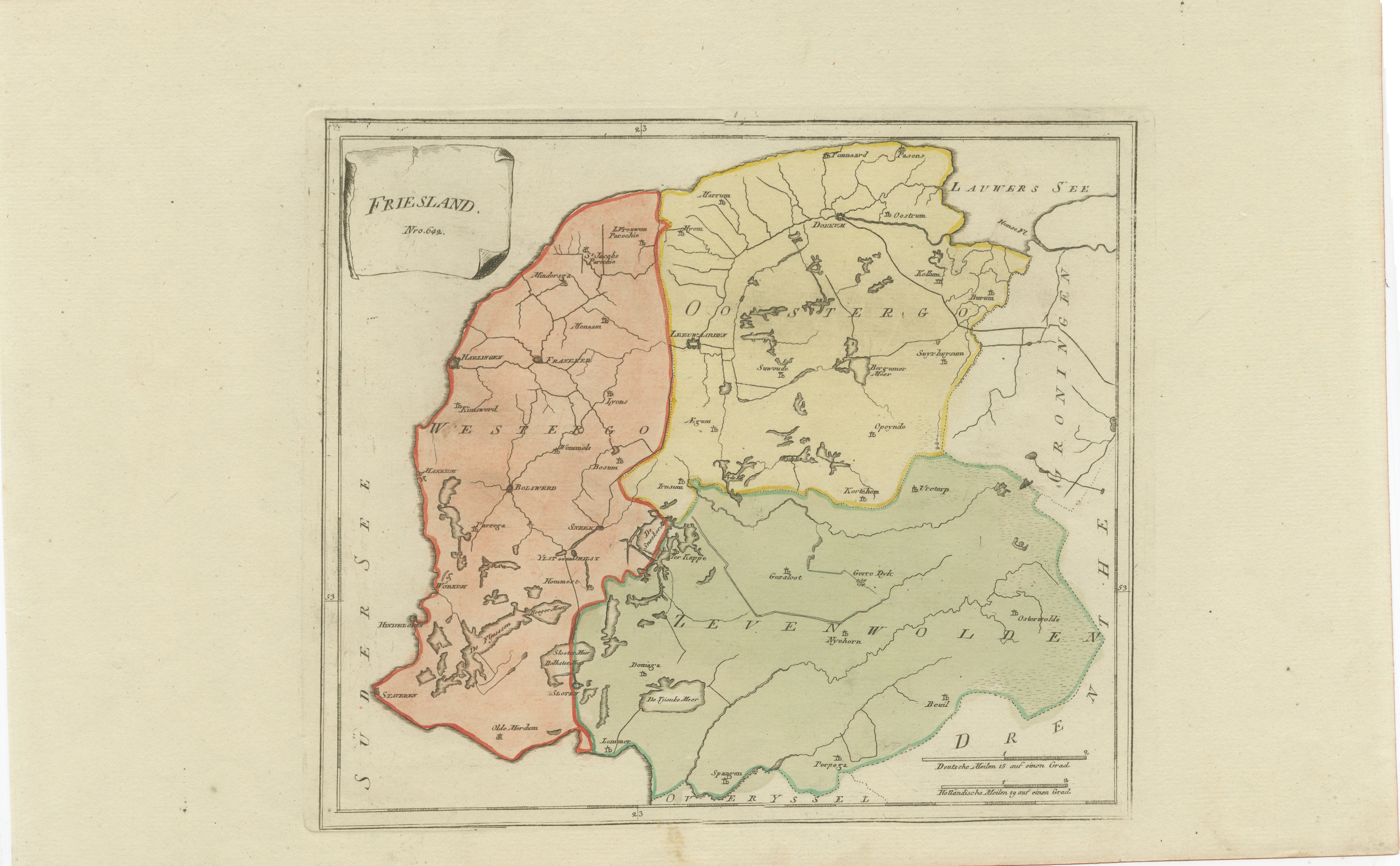 Ancienne carte générale de la Frise par von Reilly, 1791

Carte originale gravée intitulée Friesland No. 640, publiée à Vienne en 1791. Cette fiche présente une vue d'ensemble de la province de Frise, avec ses trois grandes régions historiques :