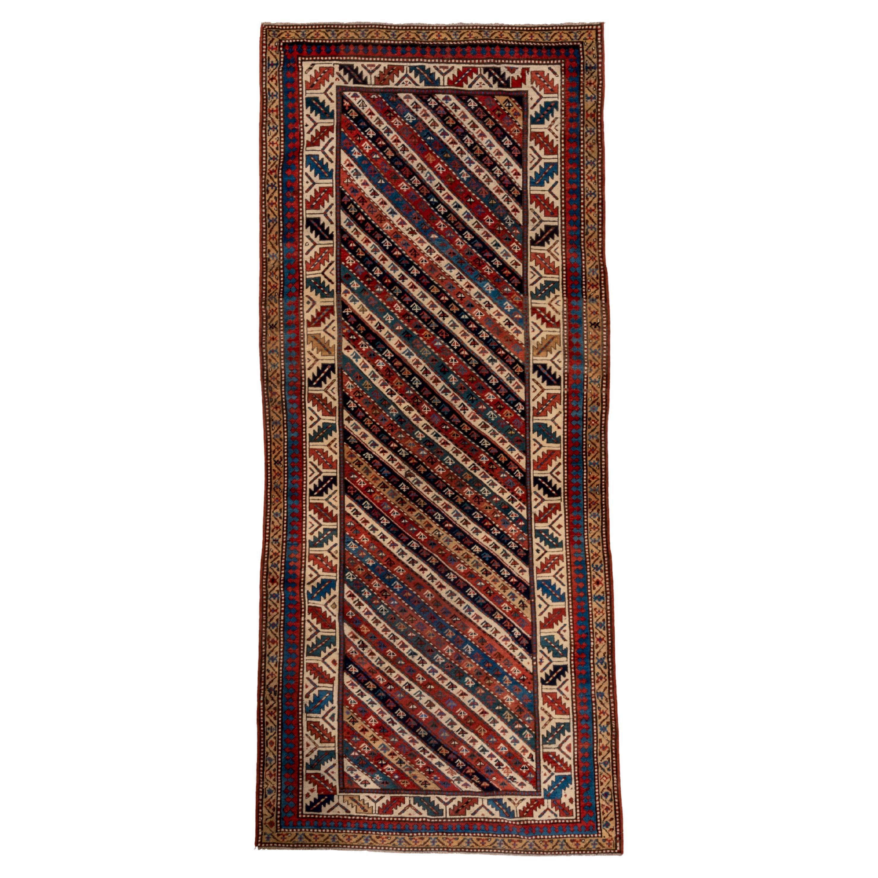 Antique Genje Rug diagonal tribal stripe pattern For Sale