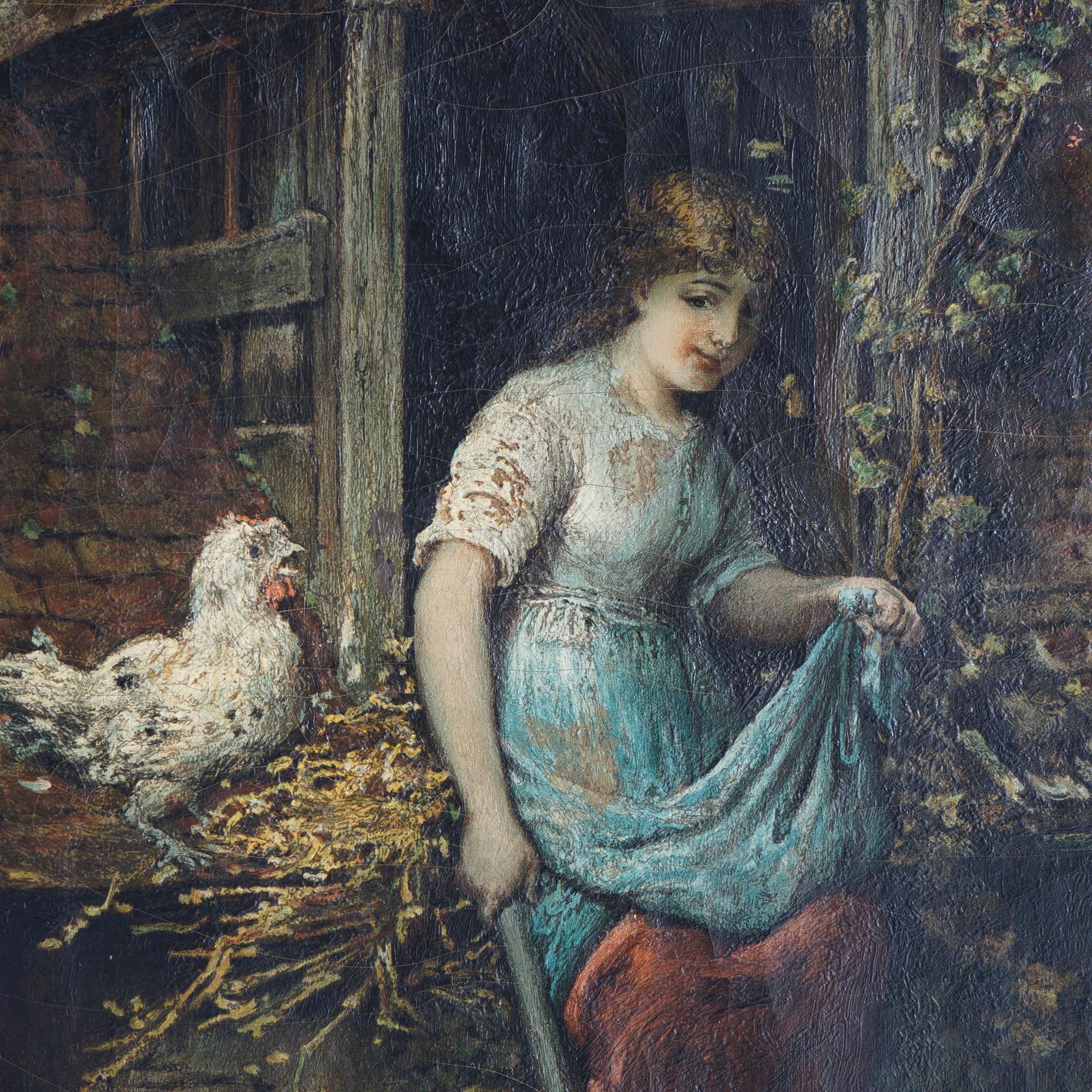 European Antique Genre Painting by Bragery, Farm Scene with Girl & Chicken, c1890