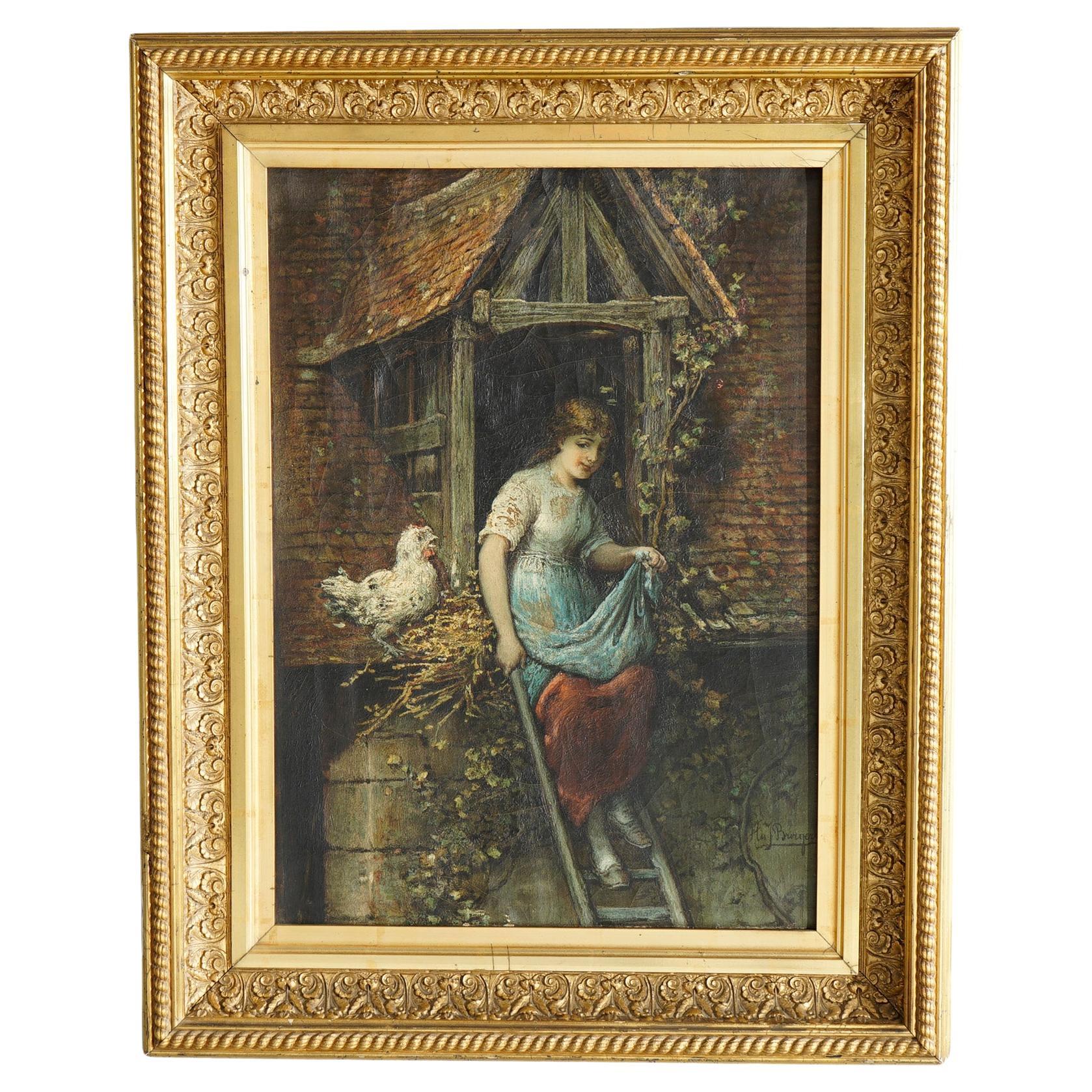 Antique Genre Painting by Bragery, Farm Scene with Girl & Chicken, c1890