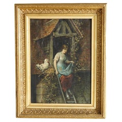 Antique Genre Painting by Bragery, Farm Scene with Girl & Chicken, c1890