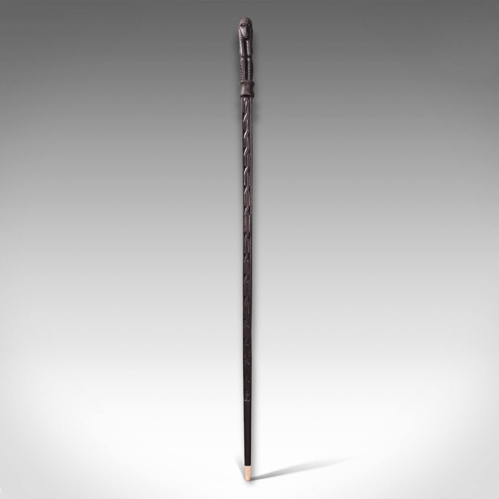 This is an antique gentleman's club cane. An English, ebony and bone carved walking stick, dating to the Victorian period, circa 1870.

Lavished with carved detail and distinctive subject matter
Displays a desirable aged patina and in good