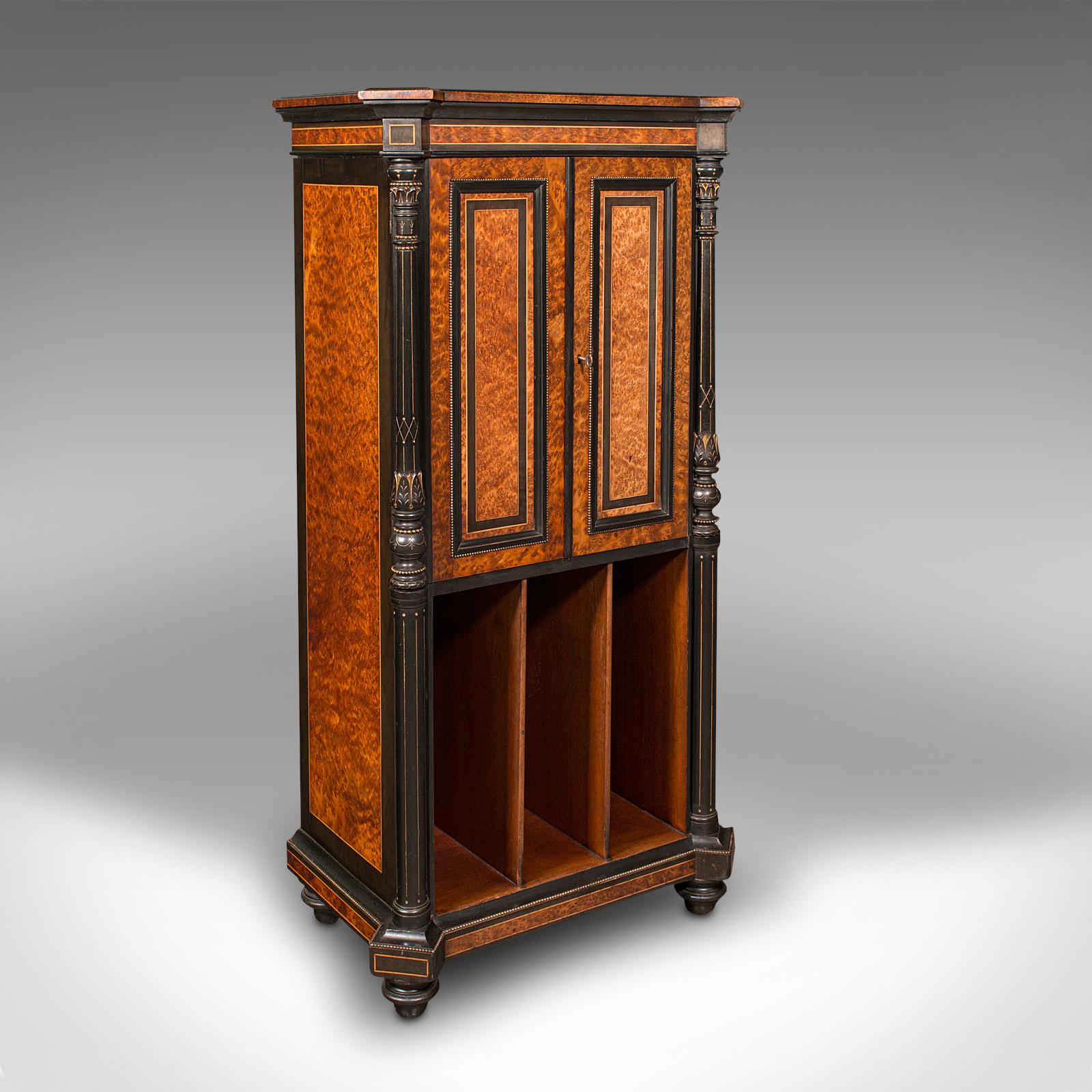 This is an antique gentleman's folio cabinet. An English, bird's-eye maple and burr walnut decorative cupboard, dating to the Regency period, circa 1820.

Exceptional craftsmanship and of superior material quality
Displays a desirable aged patina