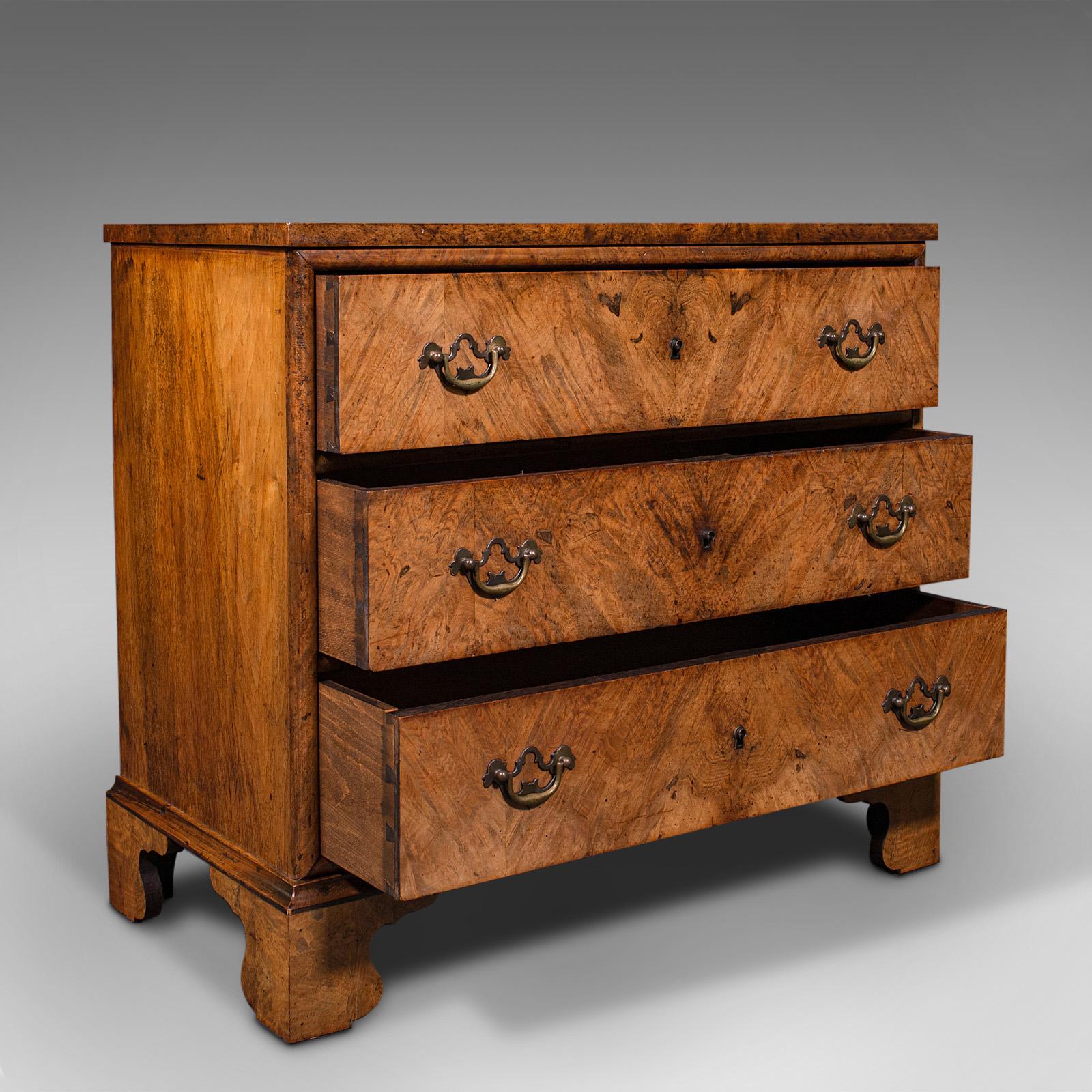This is an antique gentleman's lowboy. An English, burr walnut chest of drawers, dating to the Georgian period and later, circa 1780.

Captivatingly figured example of fine Georgian craftsmanship
Displays a desirable aged patina and in good