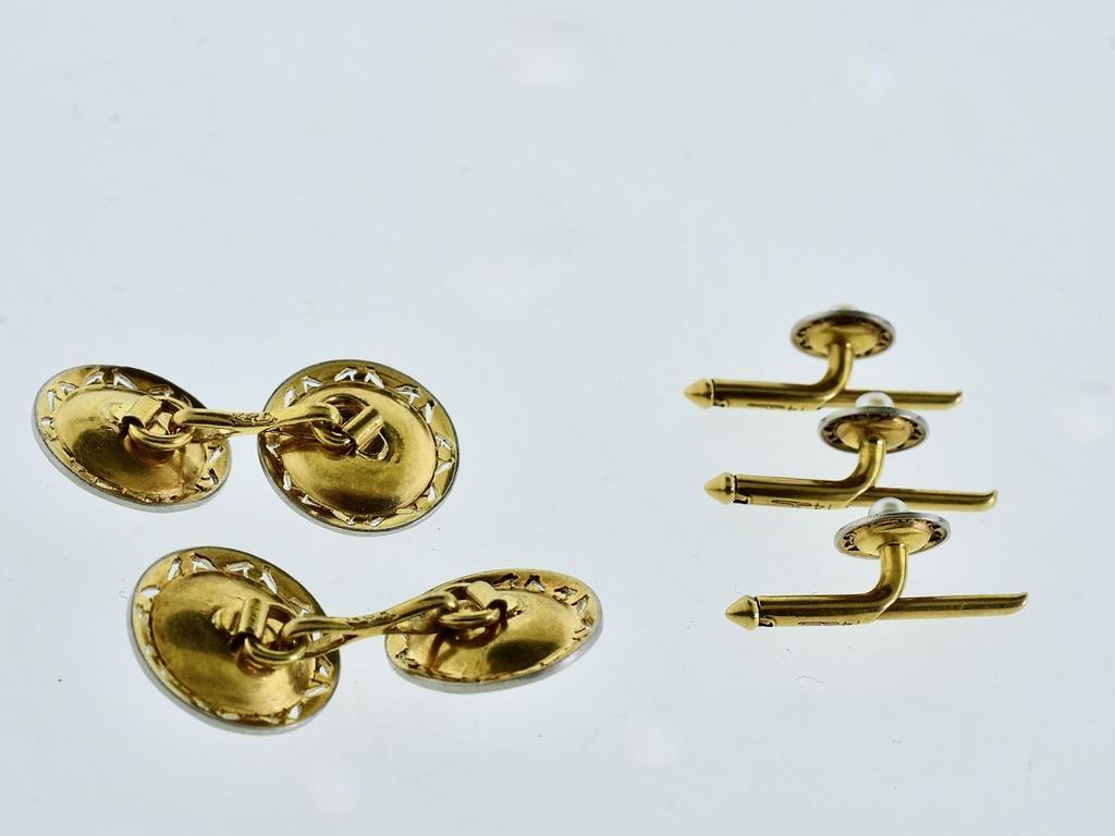 Ensemble de boutons de manchette et de clous d'oreilles en platine et en or pour homme, vers 1915 en vente 2