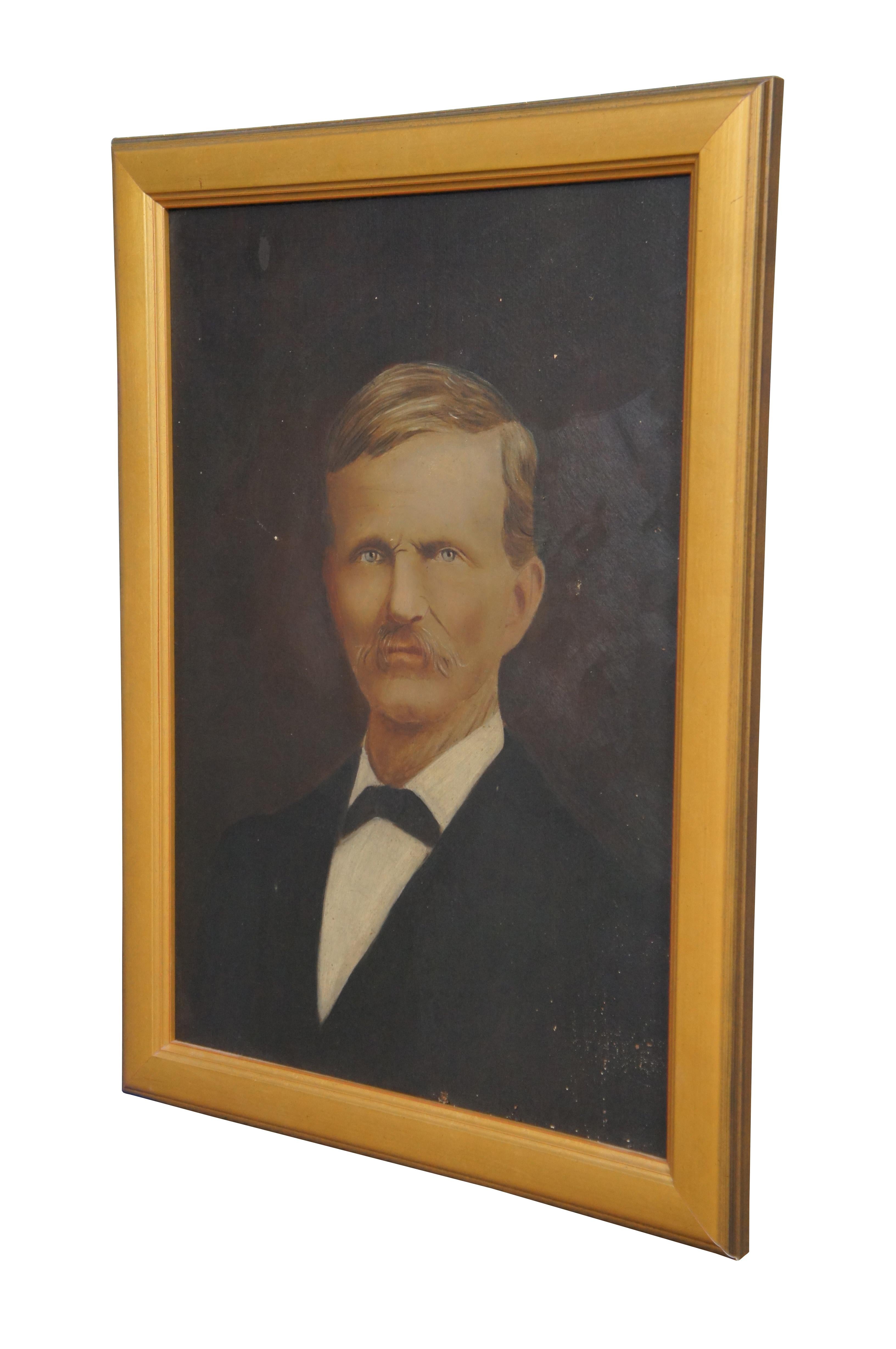 Antique oil on board portrait painting of a man dressed in formal attire with a light curling mustache and black suit coat / tuxedo and bowtie.

Measures : 19.25” x 1” x 26.5” / Sans Frame - 15.5” x 22.5” (Width x Depth x Height).