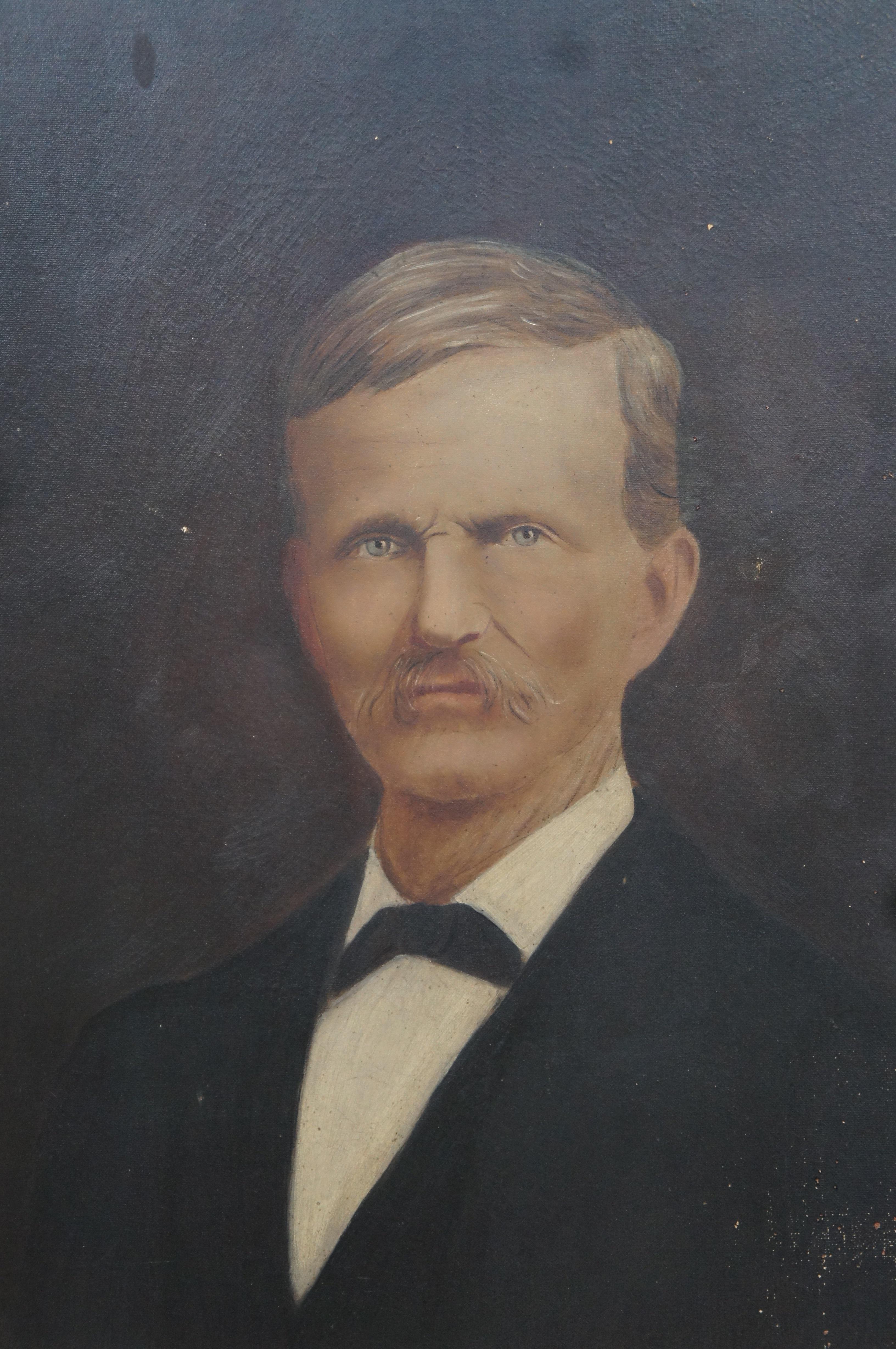 Antique Gentlemans Portrait Oil Painting on Board Man with Mustache  In Good Condition In Dayton, OH