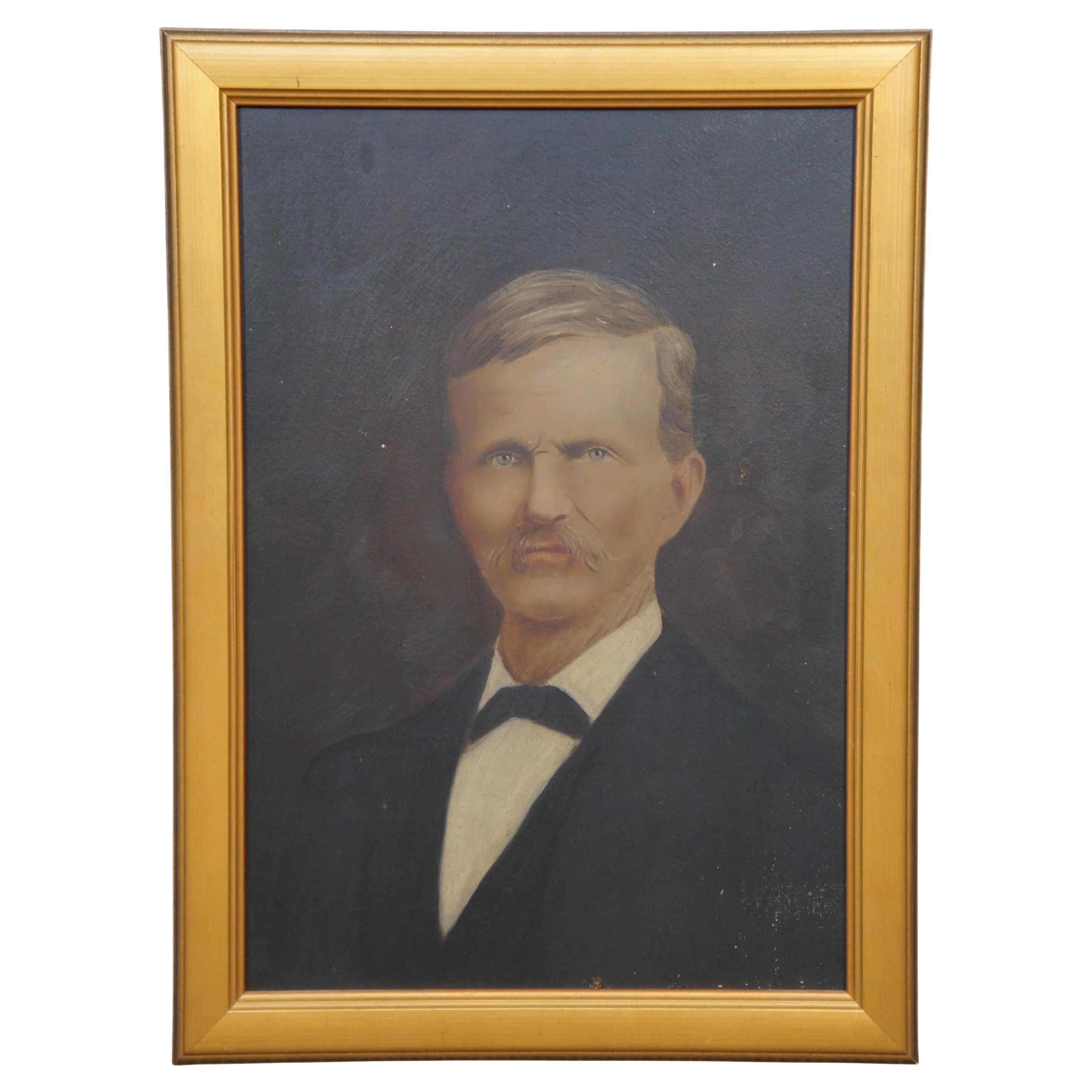 Antique Gentlemans Portrait Oil Painting on Board Man with Mustache 