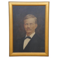 Antique Gentlemans Portrait Oil Painting on Board Man with Mustache