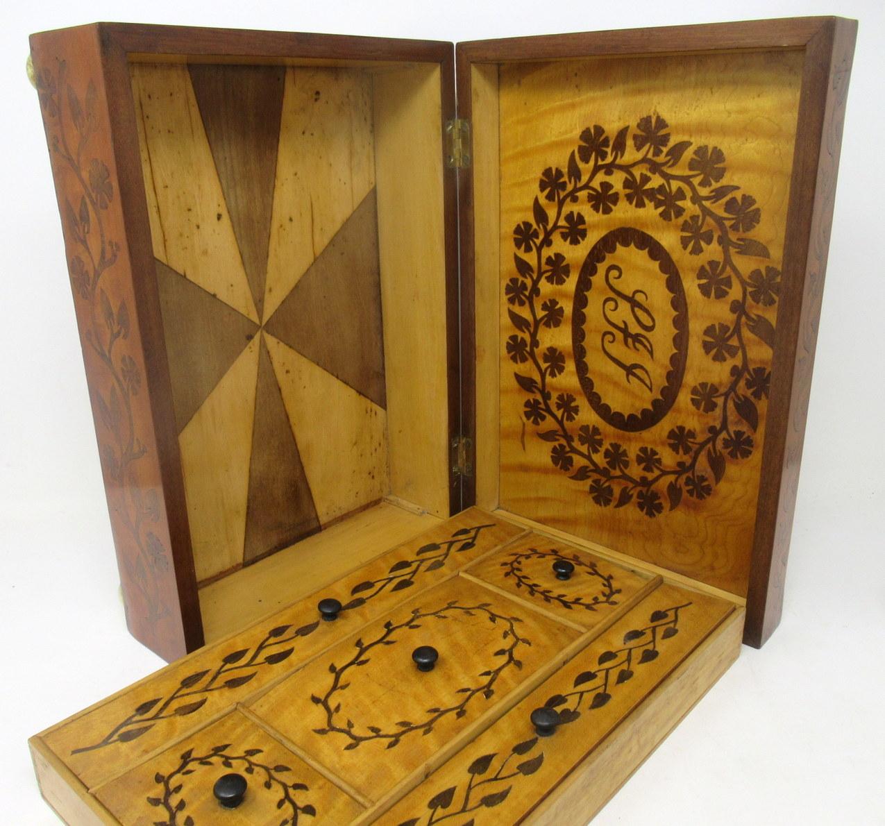 Ancienne boîte de coffret à bijoux pour homme en bois de citronnier et acajou marqueté 19 carats en vente 3