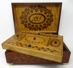 Antiguo cofre de caballero de madera de caoba satinada con marquetería Caja de mesa para joyas 19ct