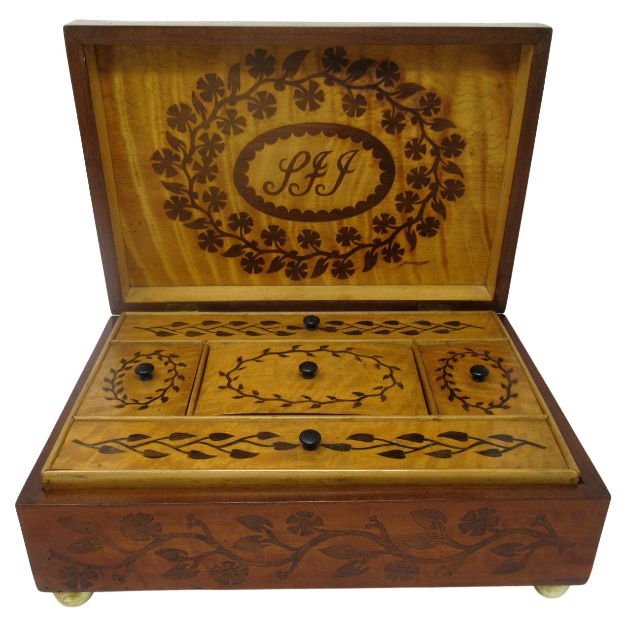 Antique Gentleman's Satinwood Mahogany Marquetry Jewellery Casket Table Box 19ct