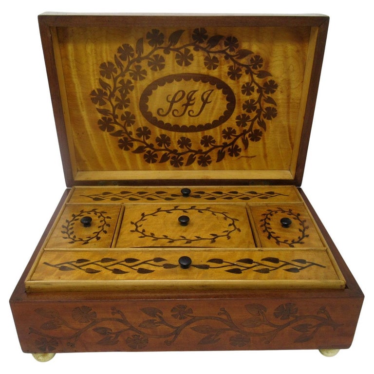 Vintage Designer Mahogany Wood Jewelry Box Art Plaque on Top 