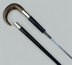 Antique Gentlemans Sword English Walking Stick Cane Sterling Silver Wooden 1900