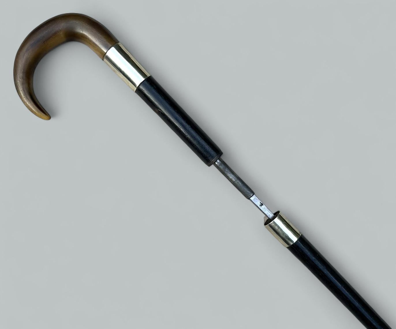 Lucidato Antico bastone da passeggio inglese con spada da gentiluomo in argento massiccio e legno 1900 in vendita
