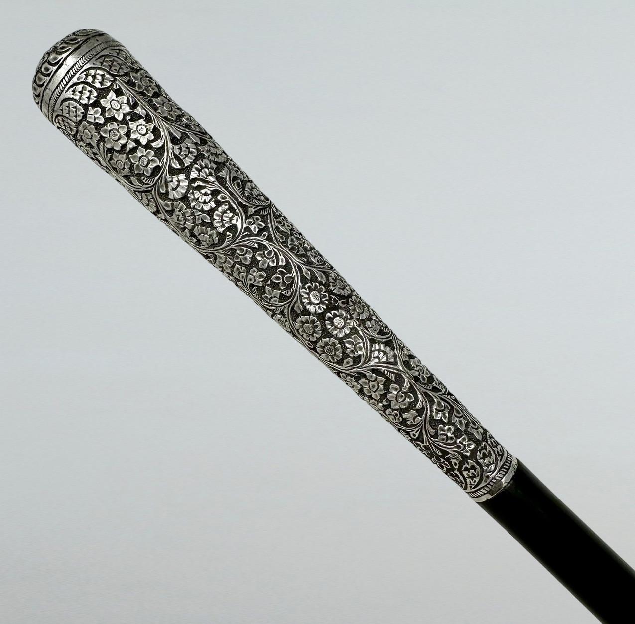 English Antique Gentlemans Sword Walking Stick Cane Sterling Silver Ebony Wood 19th Cent For Sale