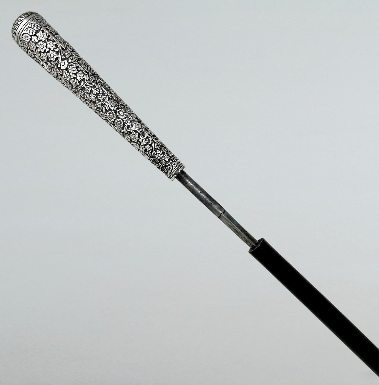 Victorian Antique Gentlemans Sword Walking Stick Cane Sterling Silver Ebony Wood 19th Cent
