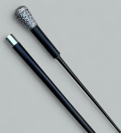 Antique Gentlemans Sword Walking Stick Cane Sterling Silver Ebony Wooden 19th Ct