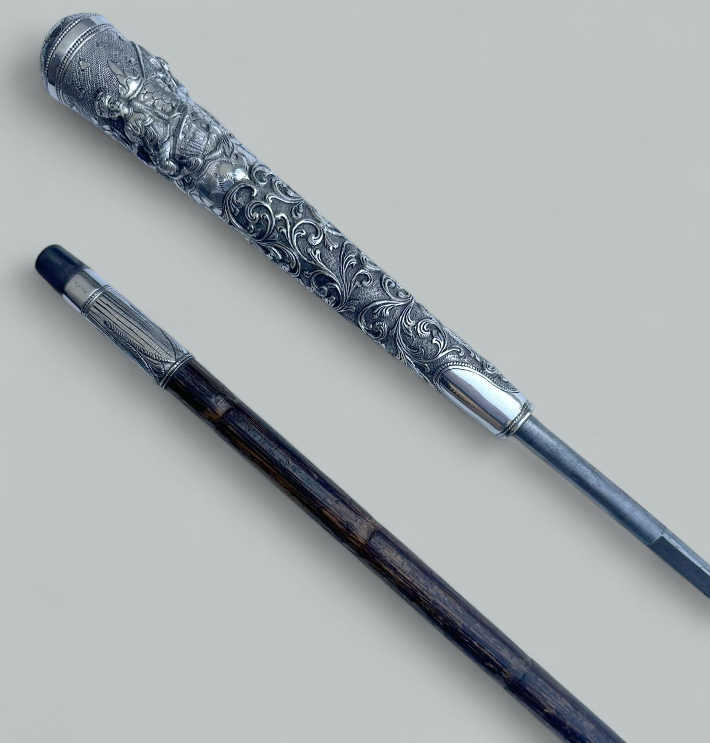 Antike Gentleman Schwert Gehstock Stock Sterling Silber Partridg Holz 19.Jh. (19. Jahrhundert) im Angebot