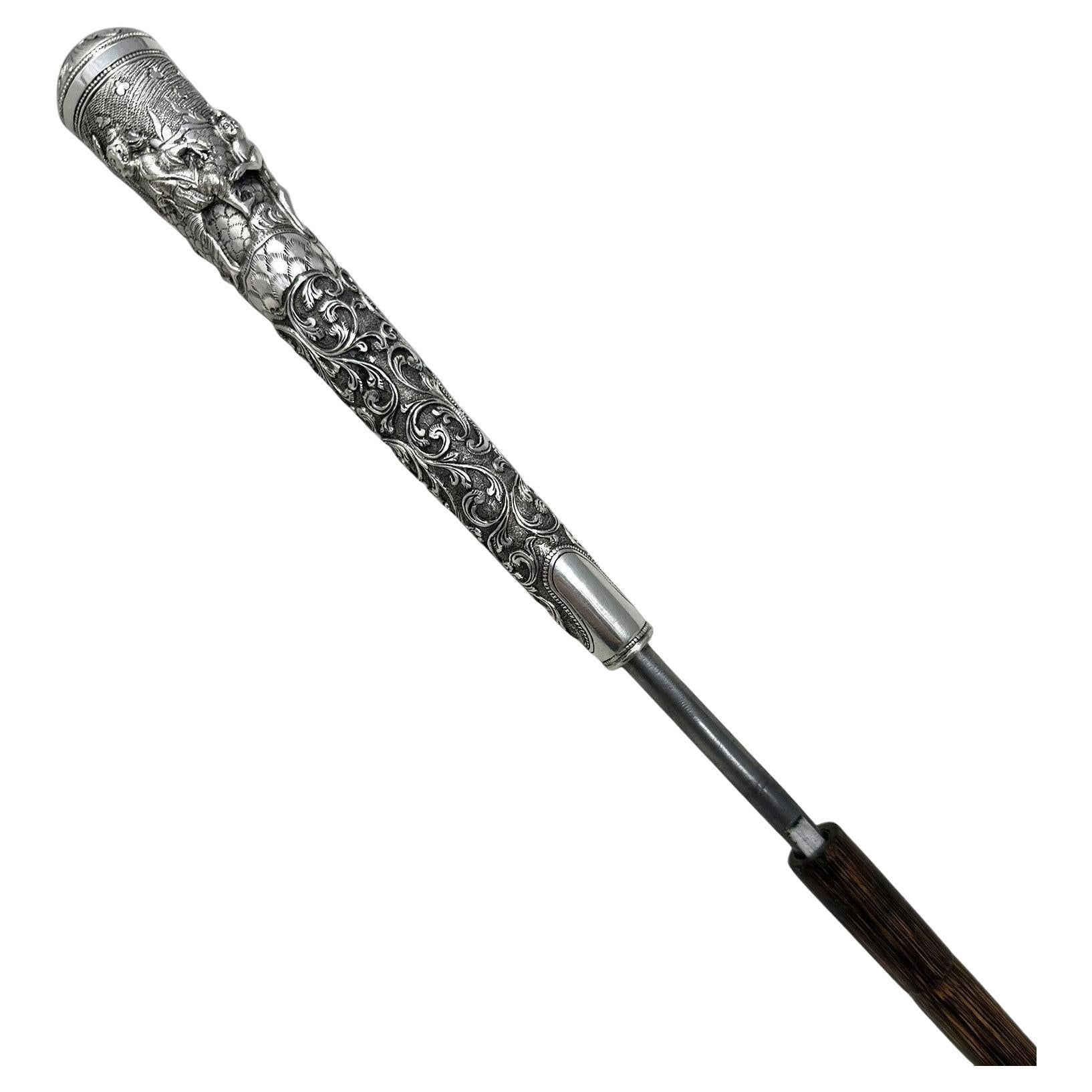 Antike Gentleman Schwert Gehstock Stock Sterling Silber Partridg Holz 19.Jh. im Angebot