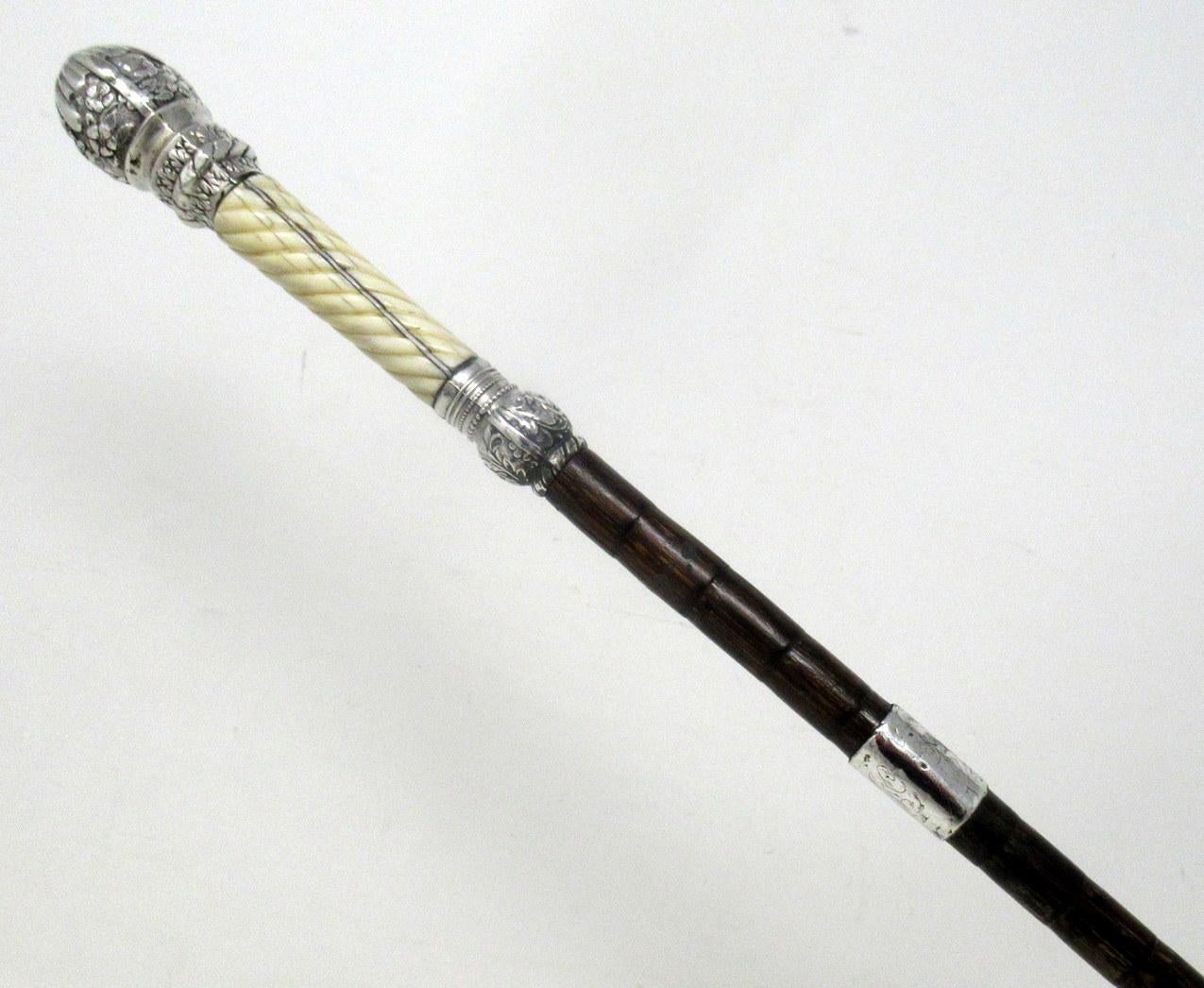 Victorian Antique Gentlemans Sword Walking Stick Cane Sterling Silver Partridge Wood, 1891