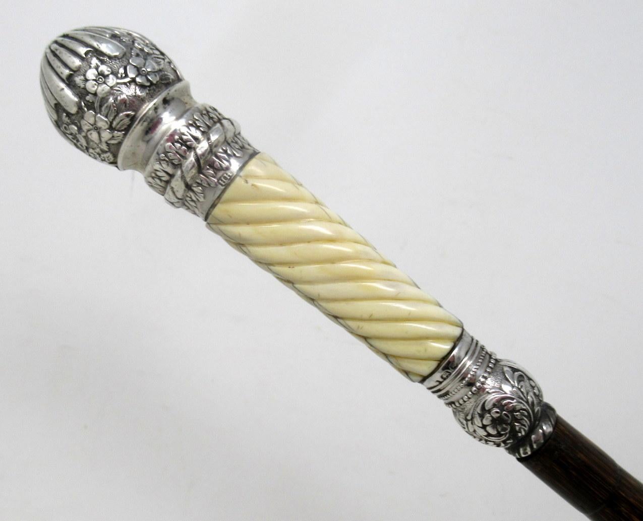 English Antique Gentlemans Sword Walking Stick Cane Sterling Silver Partridge Wood, 1891