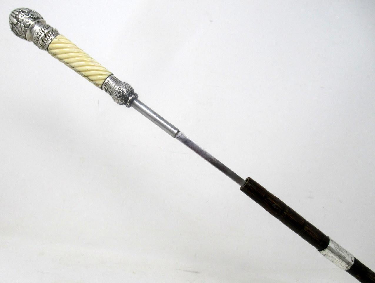 Polished Antique Gentlemans Sword Walking Stick Cane Sterling Silver Partridge Wood, 1891