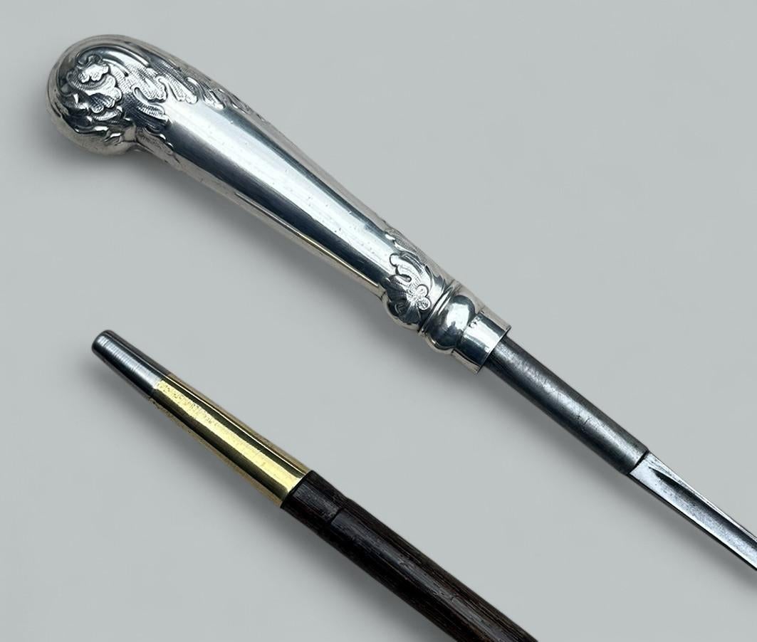 Victorian Antique Gentlemans Sword Walking Stick Cane Sterling Silver Partridge Wood 19thC For Sale