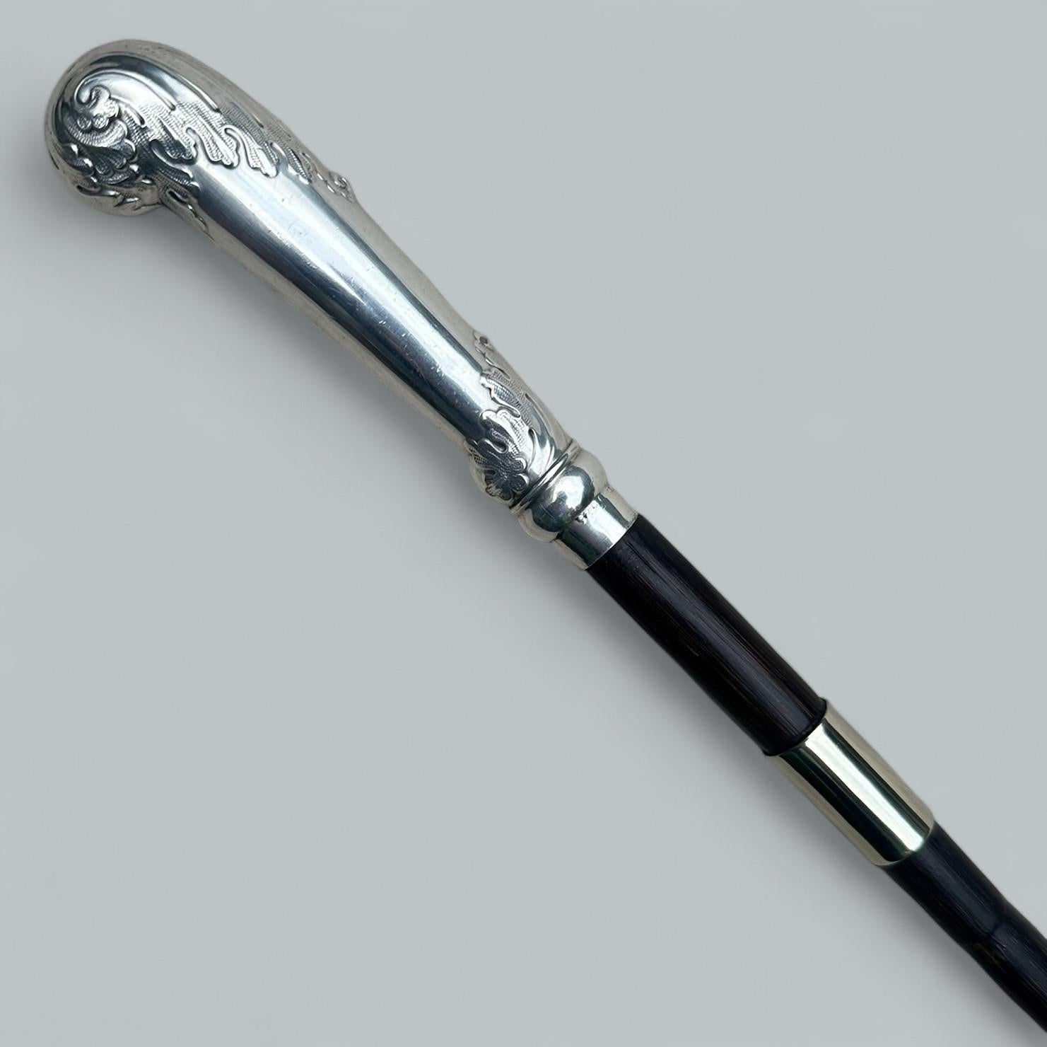 English Antique Gentlemans Sword Walking Stick Cane Sterling Silver Partridge Wood 19thC For Sale