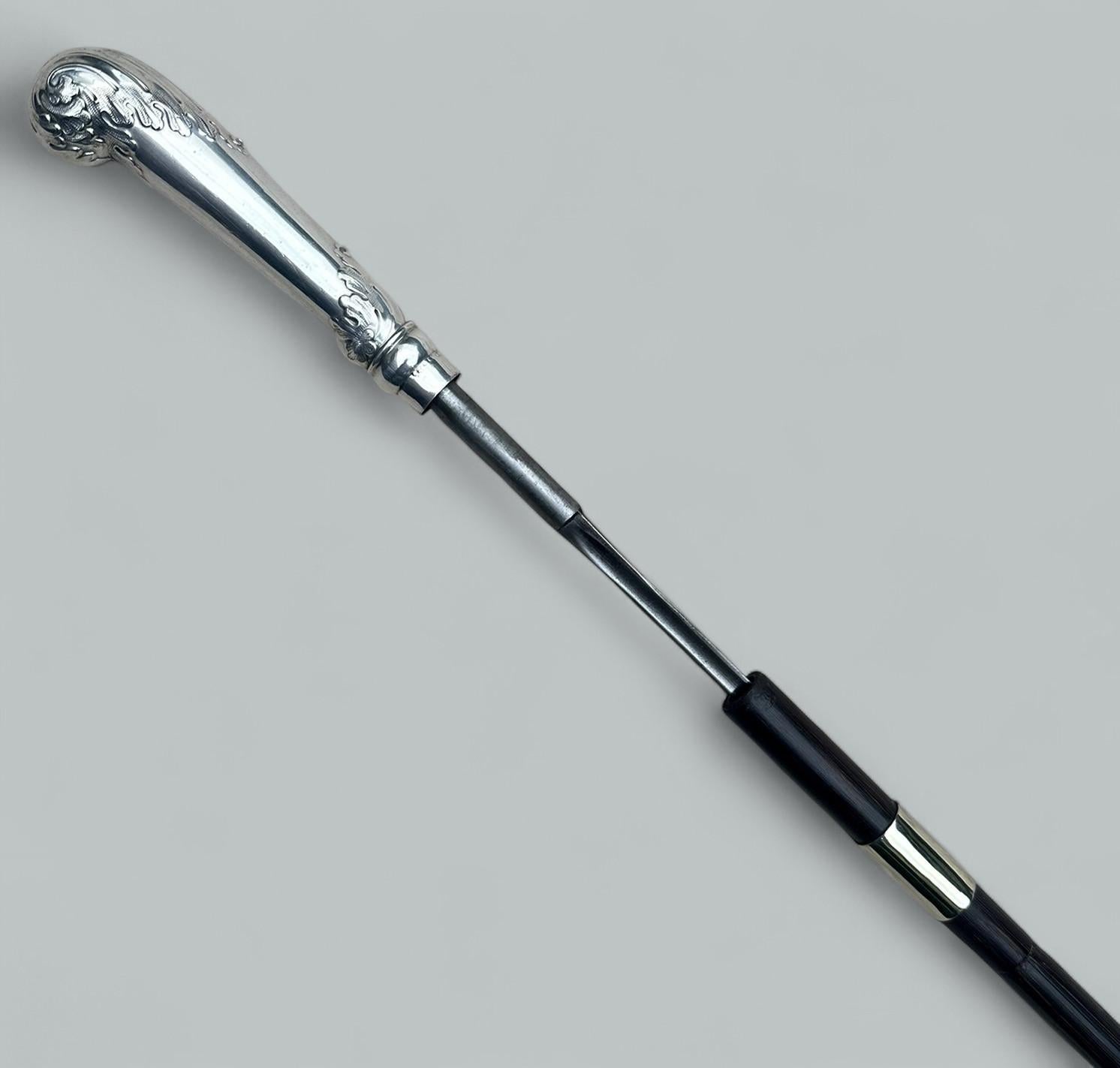 Polished Antique Gentlemans Sword Walking Stick Cane Sterling Silver Partridge Wood 19thC For Sale