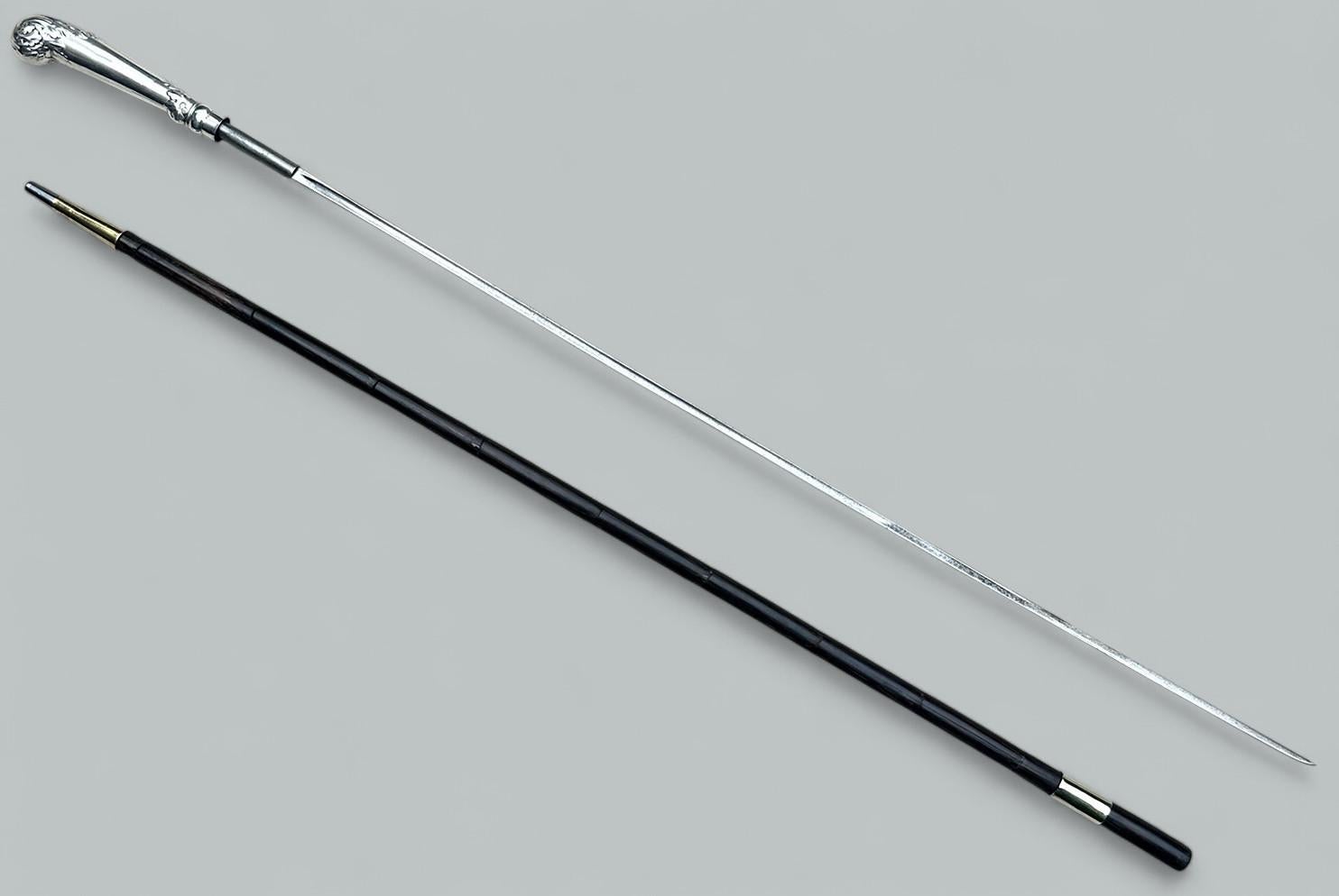 Antique Gentlemans Sword Walking Stick Cane Sterling Silver Partridge Wood 19thC For Sale 1