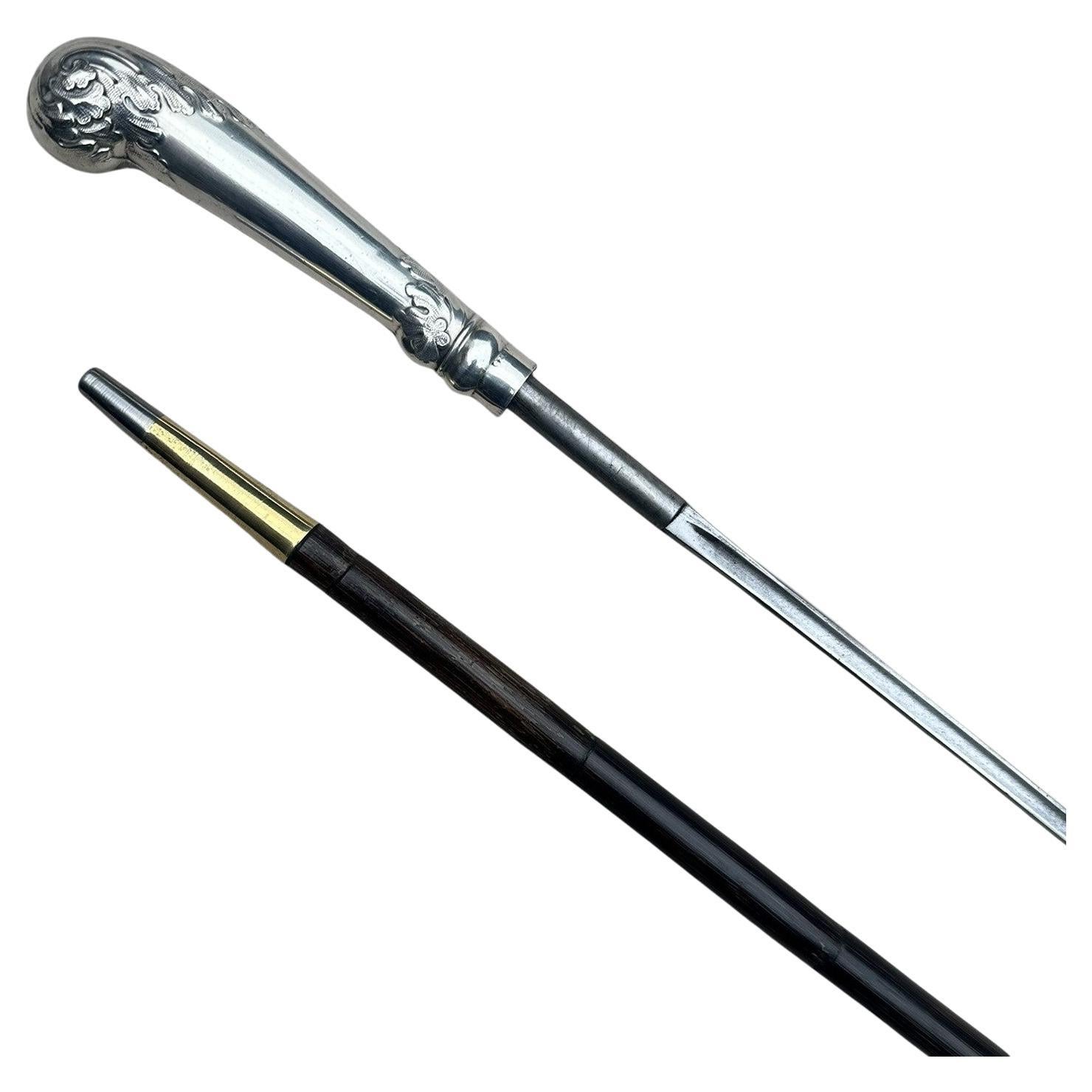 Antique Gentlemans Sword Walking Stick Cane Sterling Silver Partridge Wood 19thC For Sale