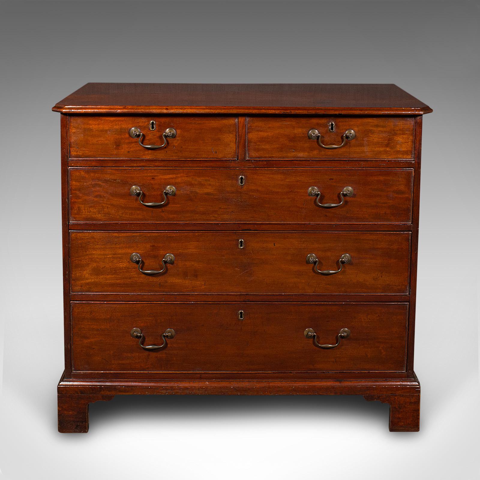 This is an antique tallboy. An English, mahogany and oak chest of drawers, dating to the Georgian period, circa 1790.

Wonderfully figured and presenting fine colour
Displaying a desirable aged patina throughout
Select stocks show fine grain